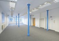 office with blue pillars